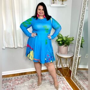 Blue Patterned Long Sleeve Dress